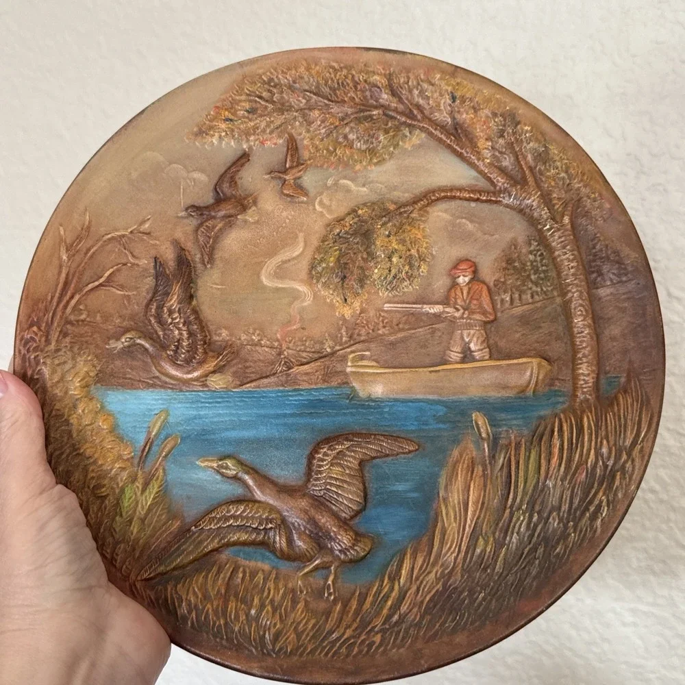 Vintage 1970 Duck Hunter in Boat Painted Plate